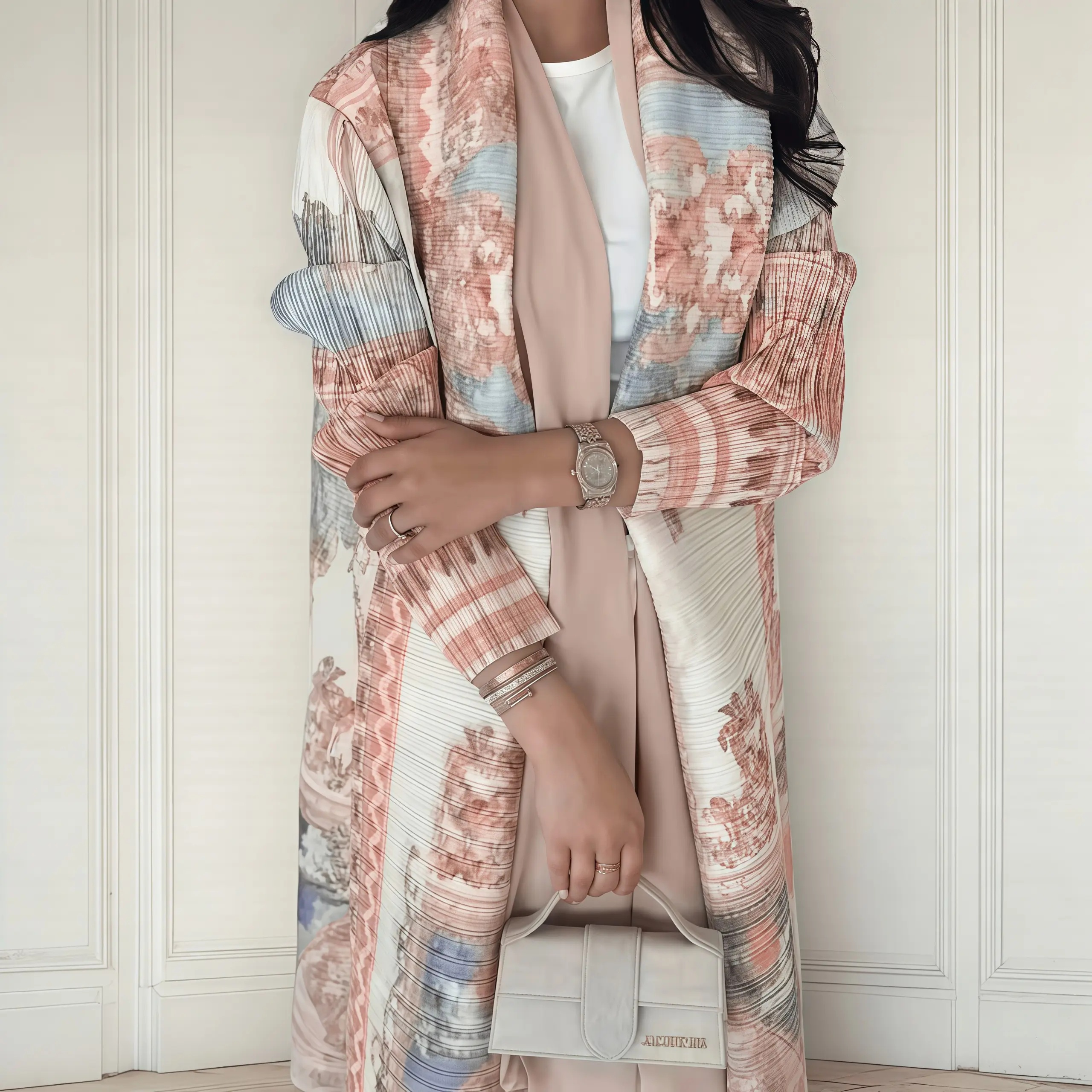 Abaya Miyake élégante à imprimé vintage, ouverte sur le devant, légère et fluide, coupe ample, mode modeste pour femmes, long kimono cardigan