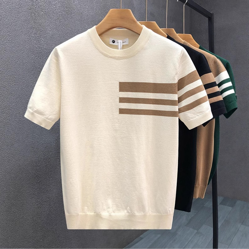 Style coréen 2025 été nouvelle mode hommes rayé contraste couleur col rond manches courtes respirant décontracté à la mode T-shirts mâle haut