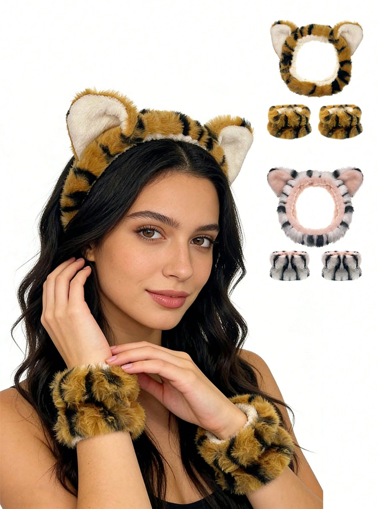 3 jolies bandeaux à cheveux en forme de petit tigre pour femmes, adaptés au lavage du visage, au maquillage et au bain, avec design élastique, parfaits pour le spa et le maquillage
