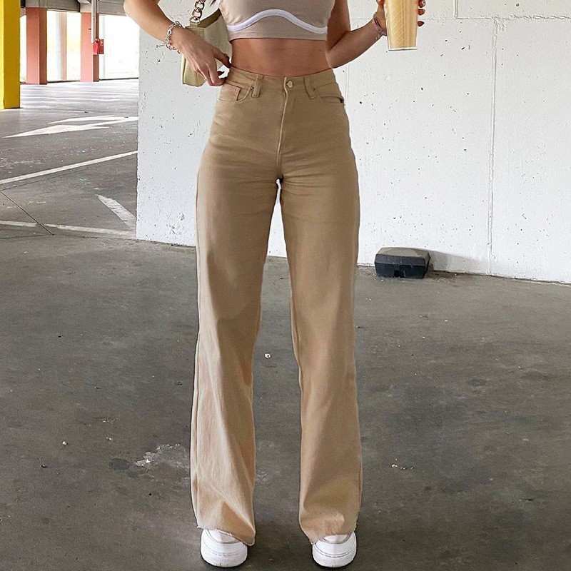 Jeans tendance pour femme - Pantalon long droit taille haute, coupe ajustée, couleur unie, confortable pour l'été