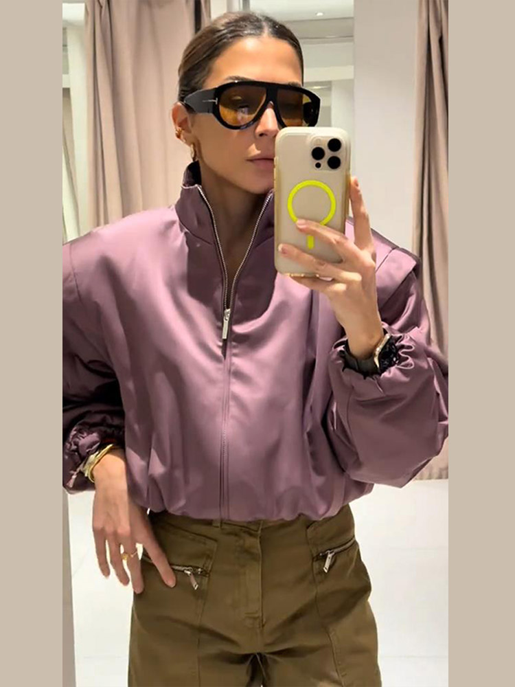 Nouvelle Veste Chic Oversize pour Femme avec Fermeture Éclair, Col Montant Uni, Ourlet Élastique – Idéale pour le Printemps et le Style Urbain