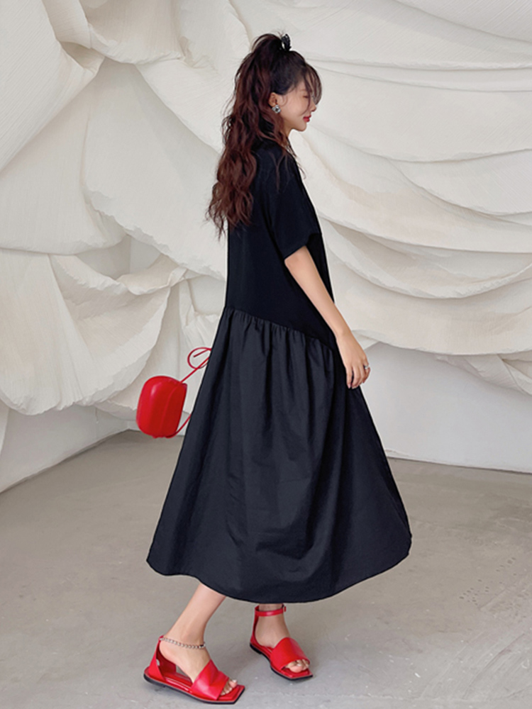 Robes plissées noires vintage patchwork pour femmes, nouvelle mode coréenne, manches courtes, coupe ample, décontractée, longue robe d'été, vêtements 2026
