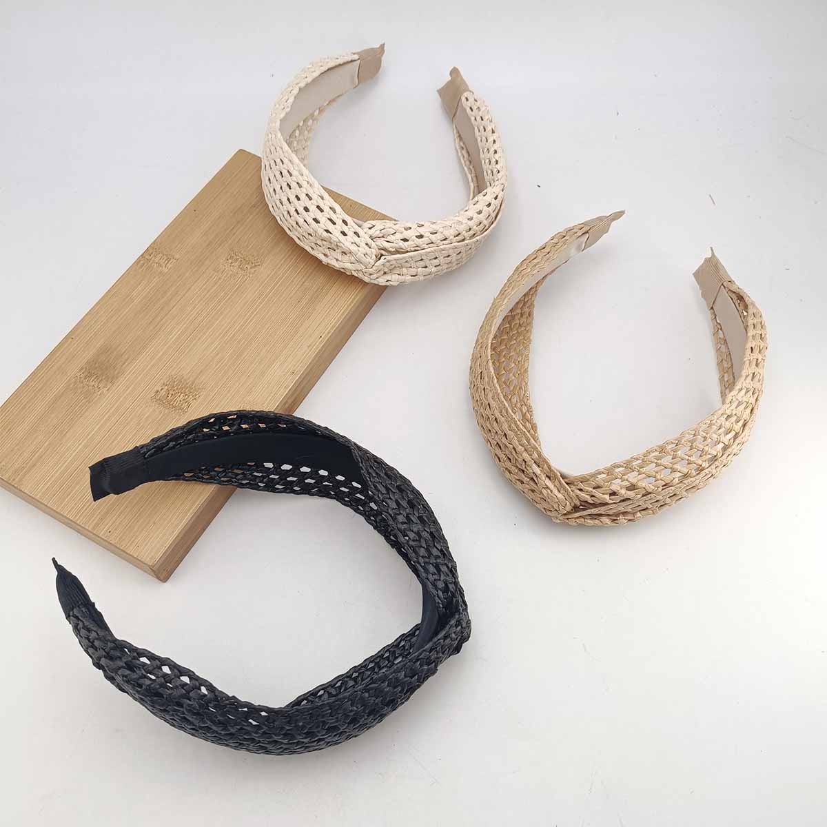 Femmes bohème larges bandeaux croix noué paille tissage bandeau été plage tête cerceau couleur unie cheveux accessoires chapeaux