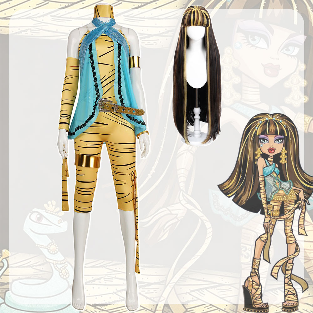 Costume de cosplay Cleo De Nile Anime pour femmes, combinaison sexy, perruque, accessoires, gilet bleu, ceinture, tenue de fête d'Halloween, carnaval