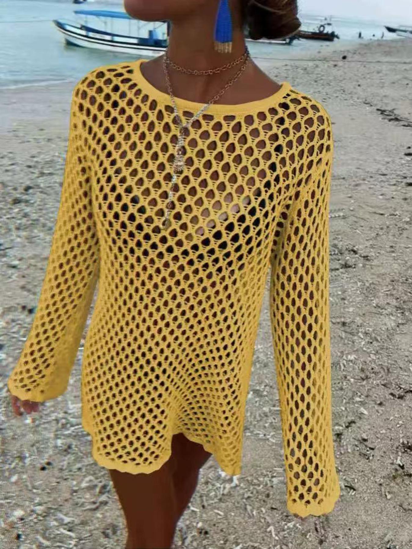 Robe de plage style bikini ajourée, col rond, tricot à manches longues, décontractée, design uni ajusté, parfaite pour les vacances d'été