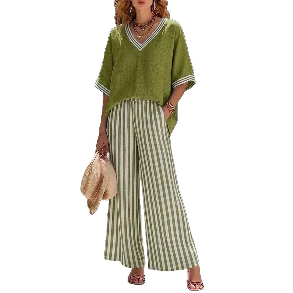 Ensemble décontracté d'été pour femme : Haut rayé à col en V et pantalon large taille haute