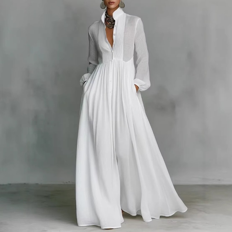 Robe plissée rétro française pour femmes, manches longues, taille cintrée, robe midi élégante, décontractée, pour les vacances à la plage, mode féminine
