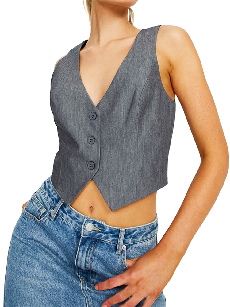 Gilet Caot sans manches pour femmes, col en V, boutons, couleur unie, Blazer pour décontracté, mode quotidienne