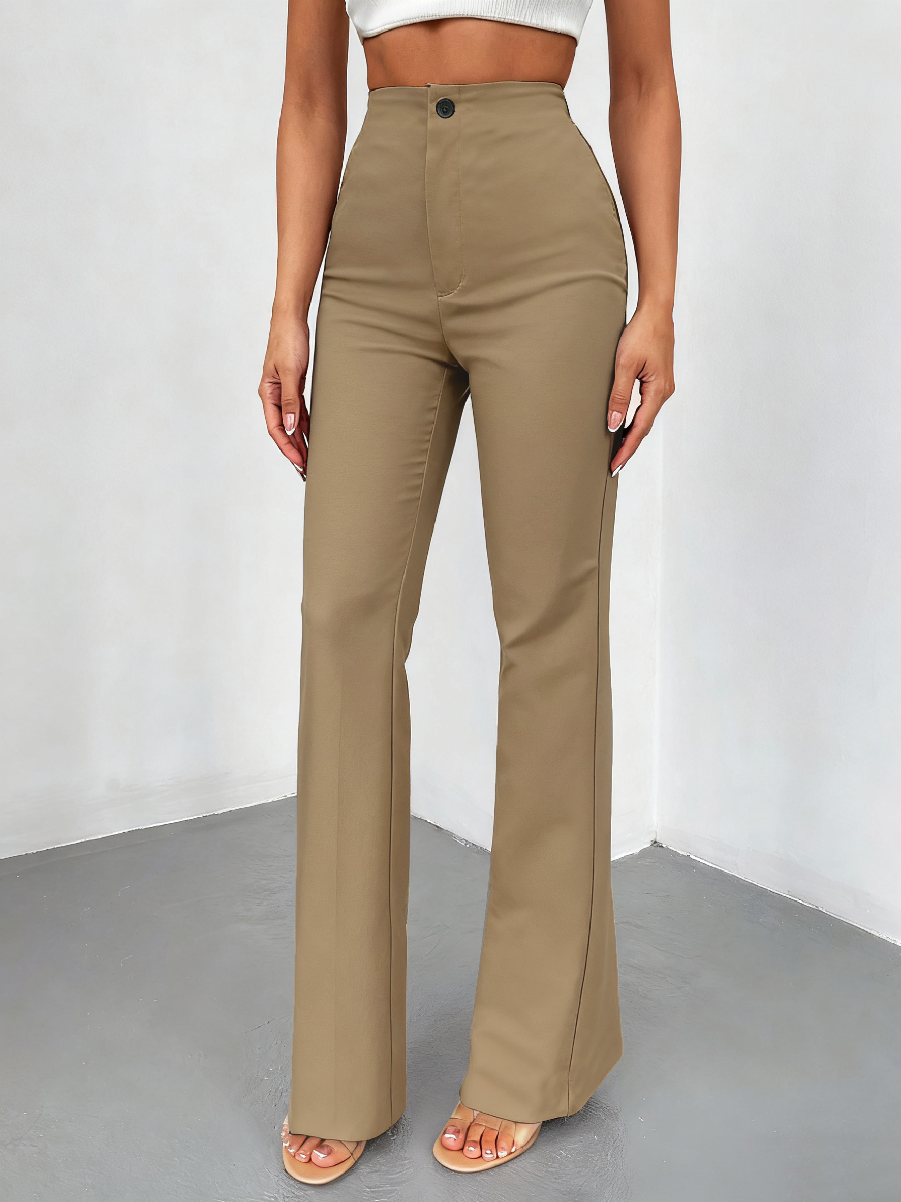 Pantalon droit taille haute pour femme, couleur unie, décontracté et élégant, idéal pour les sorties quotidiennes et les trajets en ville.