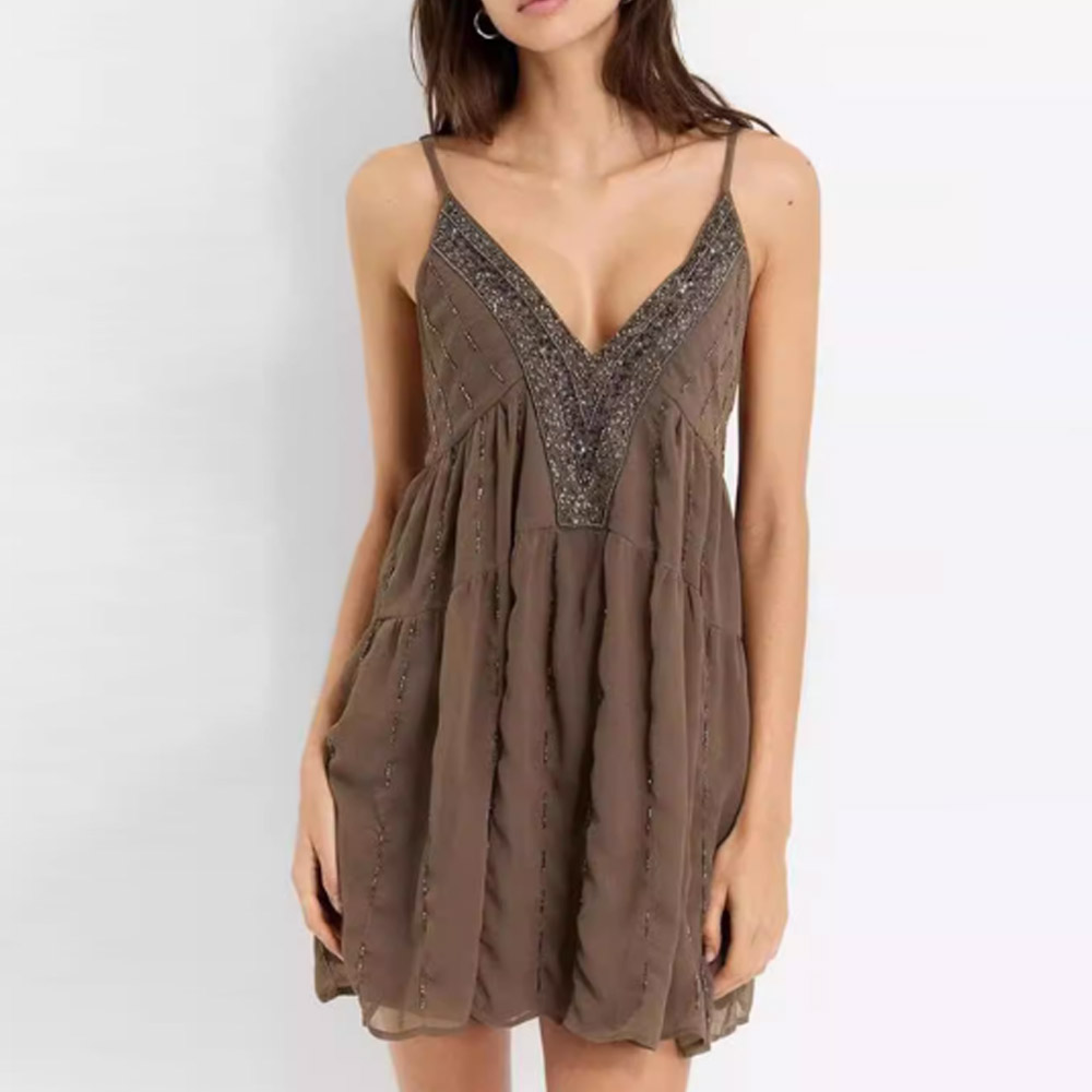 Robes mini bohèmes de plage à paillettes et broderies pour femmes, style vintage, col en V, sans manches, à bretelles, robe d'été, vestidos, robe trapèze