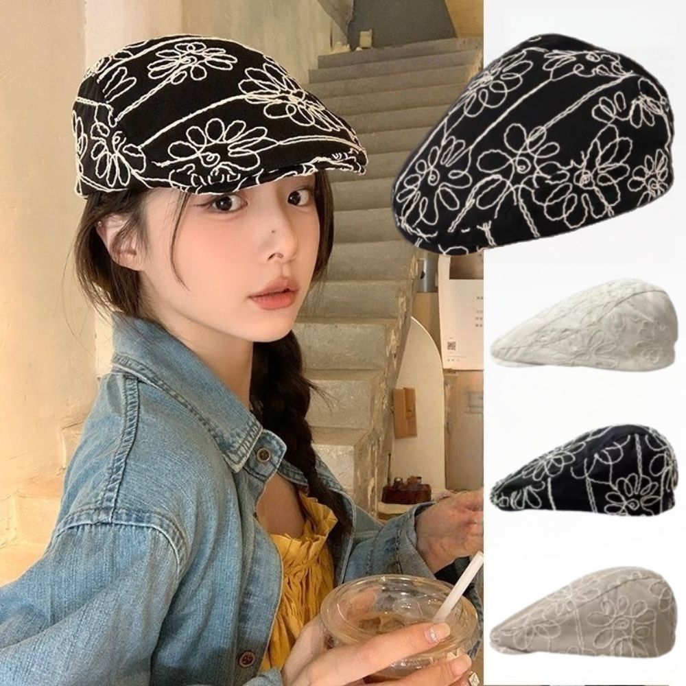 Casquette rétro tendance, décontractée et polyvalente, style coréen, avec broderie florale douce et épicée, chapeau britannique pour femme et jeune fille