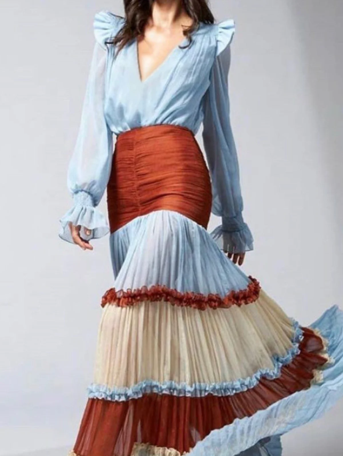Robe longue élégante femmes automne col en V profond à manches longues robe Femme Colorblock à volants à plusieurs niveaux robe Maxi robes Femmes