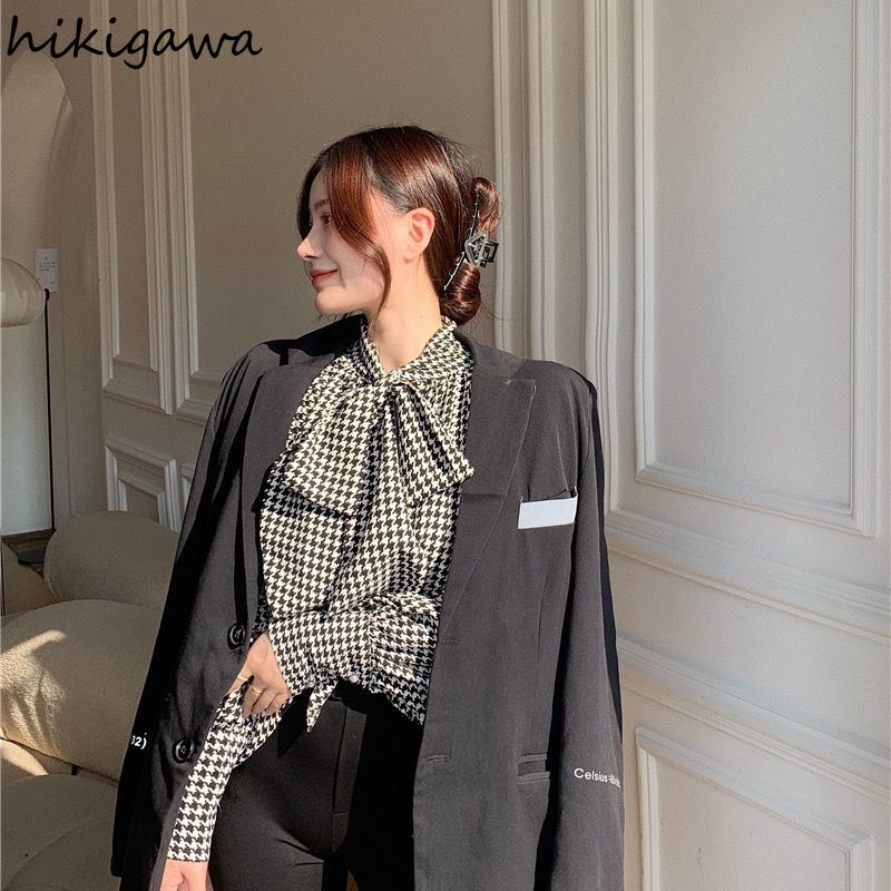 Mode chemises à carreaux pour les femmes col montant pansement nœud lanterne manches Blouses coréen Vintage hauts amples 2025 Camisas De Mujer