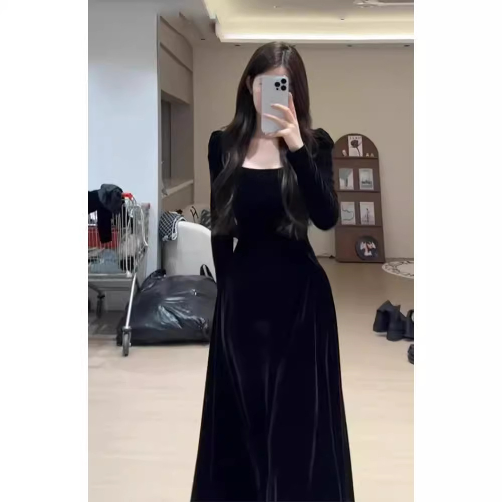 Robe de soirée en velours noir pour femme, jupe longue, style français, socialite, haut de gamme, intérieur, fête d'anniversaire, automne