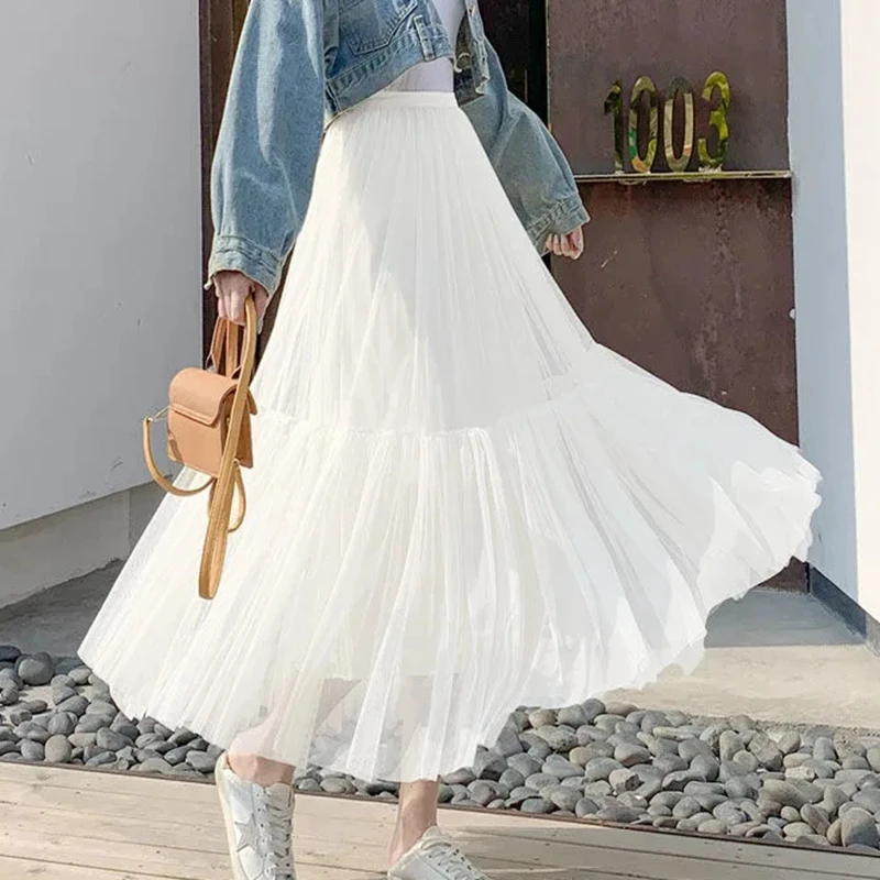 Vintage gothique noir blanc plissé longue Tulle Jupe Tutu Femme taille haute vacances piste maille jupes femmes 2024 Jupe décontracté