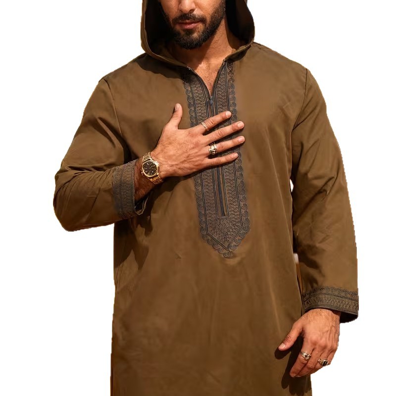 Robe longue pour homme, style Jubba Thobe, brodée, à capuche, Abayas, style Moyen-Orient, musulmane, unie, modeste, Maroc, Dubaï, avec empiècements, printemps, décontractée