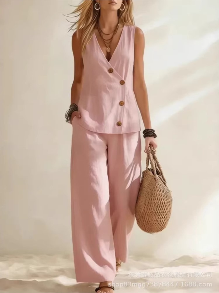 Ensemble 2 pièces mode pour femme : Gilet sans manches à col en V profond et pantalon large ample, idéal pour les vacances d'été