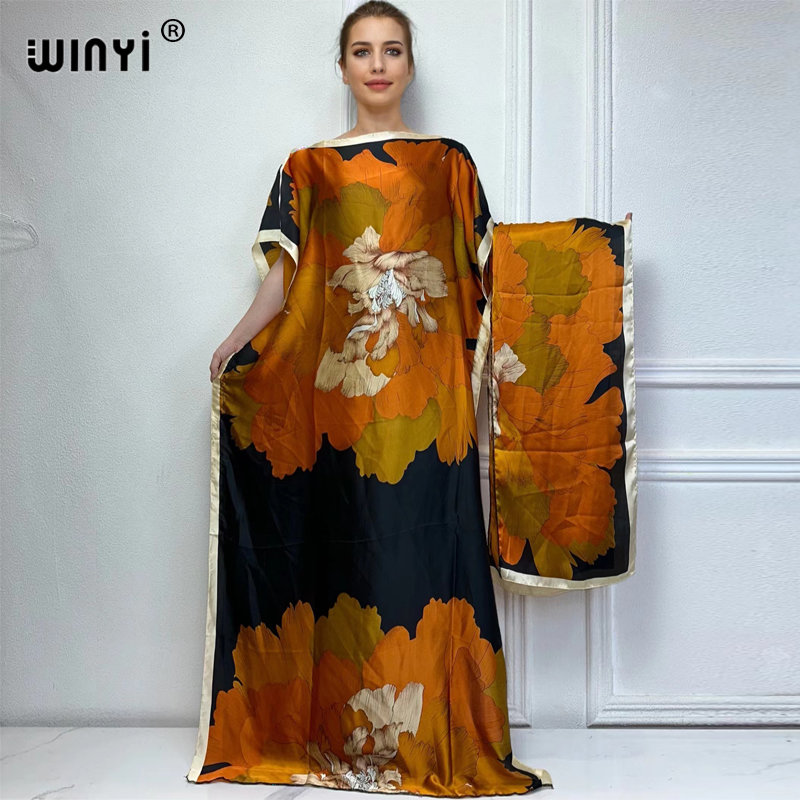 WINYI 2024 Nouvelle Robe Africaine pour Femmes, Imprimé Dashiki Bohème, Robe Longue Ample et Élégante pour Femme Musulmane, Taille Unique, Style Dubaï, avec Foulard