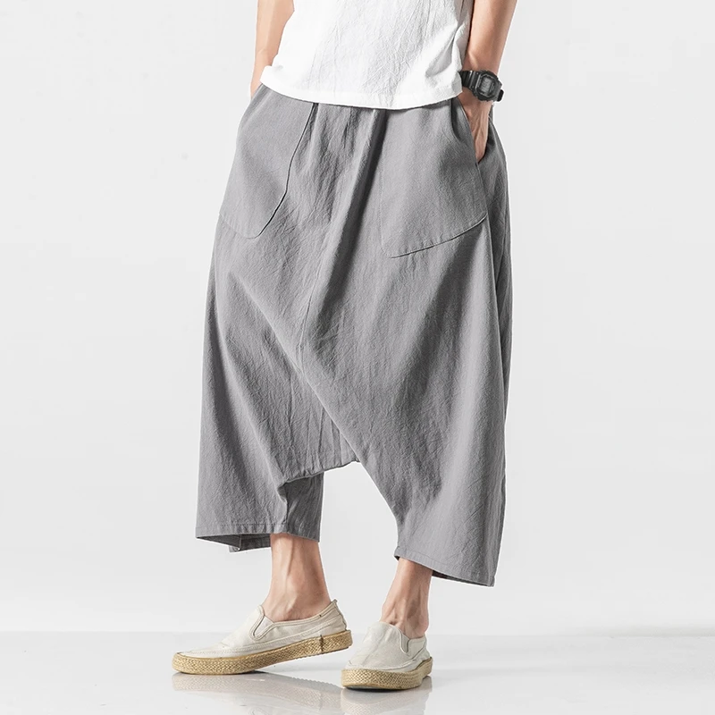 Pantalon d'été kimono vintage ample en coton et lin, nouveau pantalon décontracté pour homme, grande taille, pantalon à jambe décontractée pour homme, taille élastique, longueur mollet