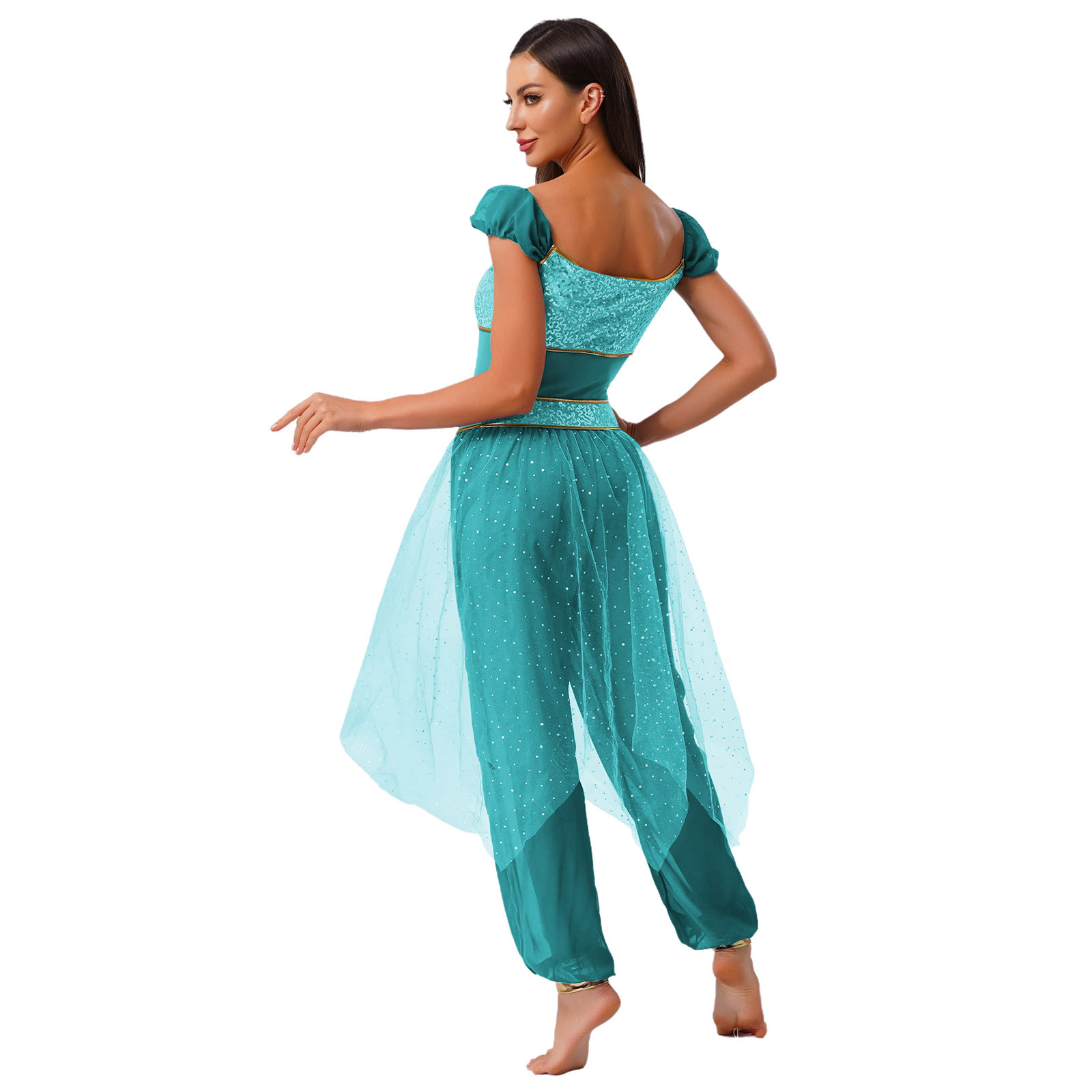 Costume de princesse arabe pour femmes, Halloween, carnaval, Aladiner, tenue de fête à thème Jasmines, barboteuse en Tulle à paillettes, combinaison de danse du ventre