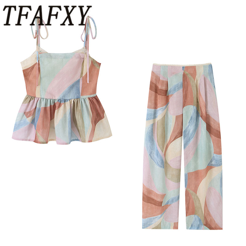 TFAFXY 2026 Nouvel ensemble tendance pour femme : haut caraco à nœud et pantalon large imprimé – Collection vacances