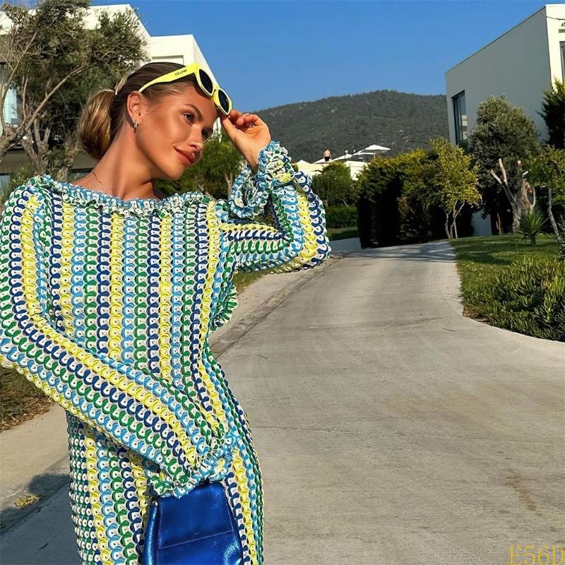 Robe de plage en tricot ajouré, manches longues, Cover-up pour maillot de bain, dos nu, en Crochet, pleine longueur