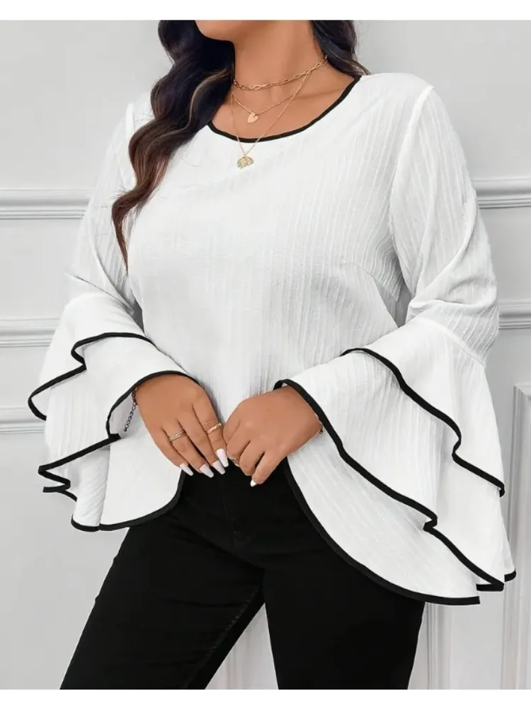 T-shirt femme grande taille 2025 printemps/été nouveau décontracté couleur unie col rond évasé haut à manches longues