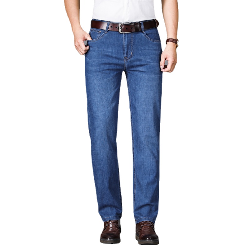 Jean stretch homme d'été, coupe droite décontractée, taille haute, style classique, bleu clair et bleu foncé