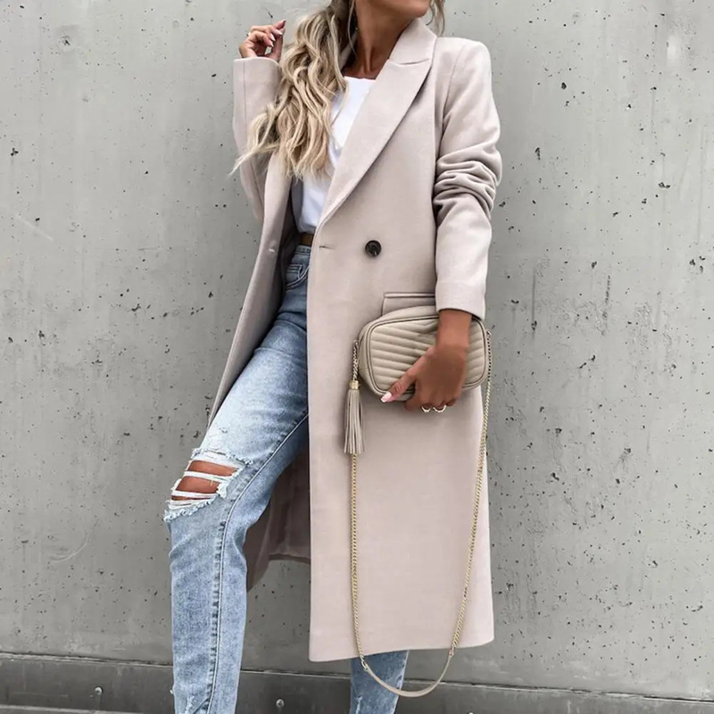 Manteau en Laine pour Femme 2026 Automne Hiver Épais Simple Boutonnage Couleur Unie Coupe Ajustée Longue Veste Coupe-Vent en Laine Vêtements Femme
