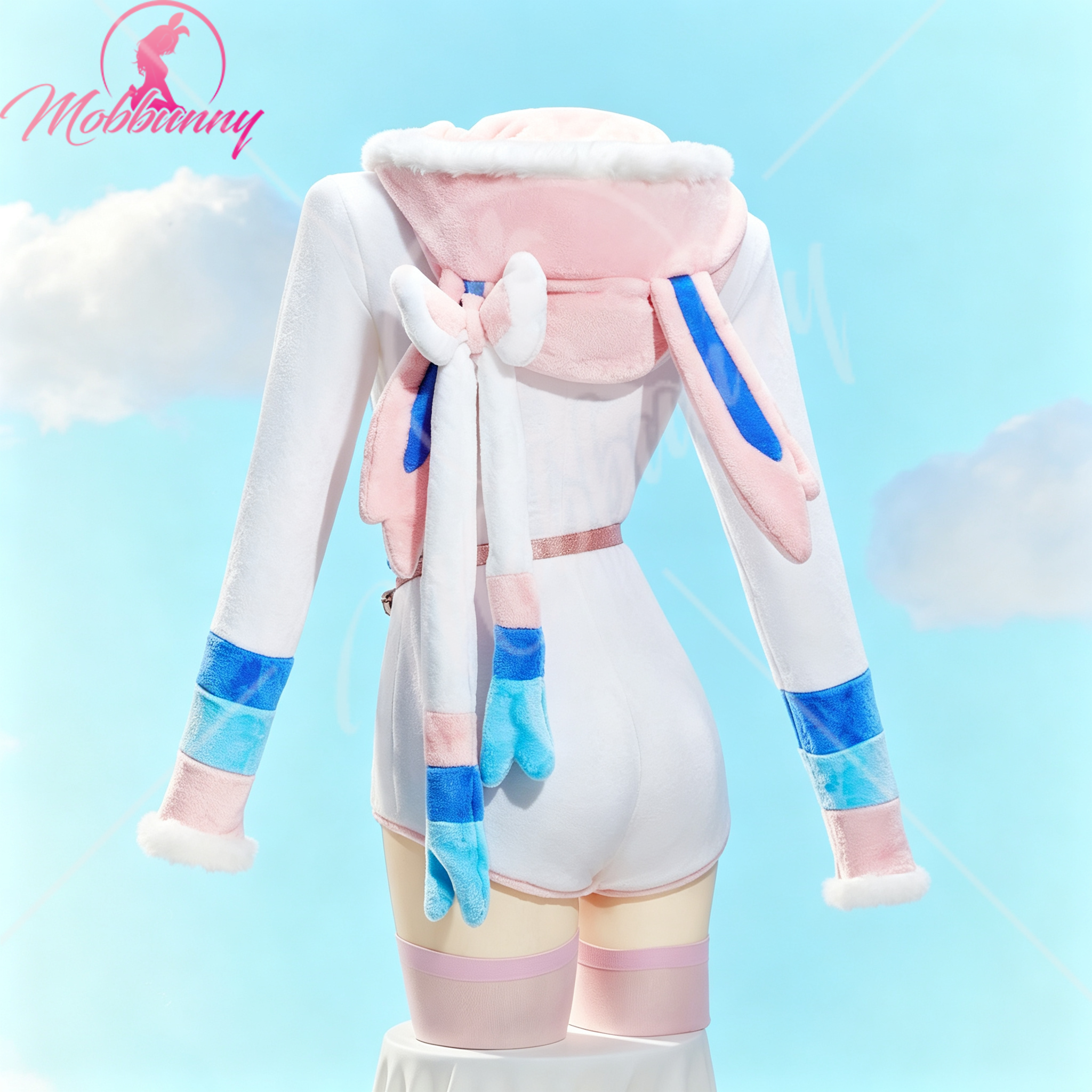 Mobbunny PM dérivé Sexy moelleux à capuche body profond V Kawaii une pièce barboteuse avec tour de cou et chaussettes Costume de Cosplay