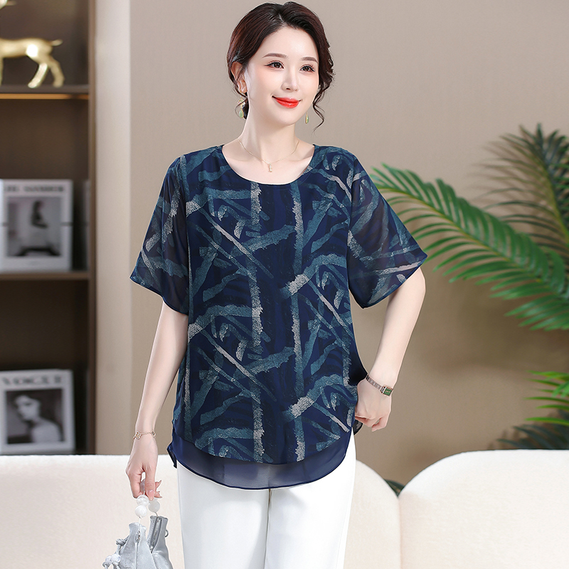 T-shirt à manches mi-longues en mousseline de soie pour femmes, chemisier à revers, motifs rétro, grande taille, vêtements d'été, nouveau, 2024