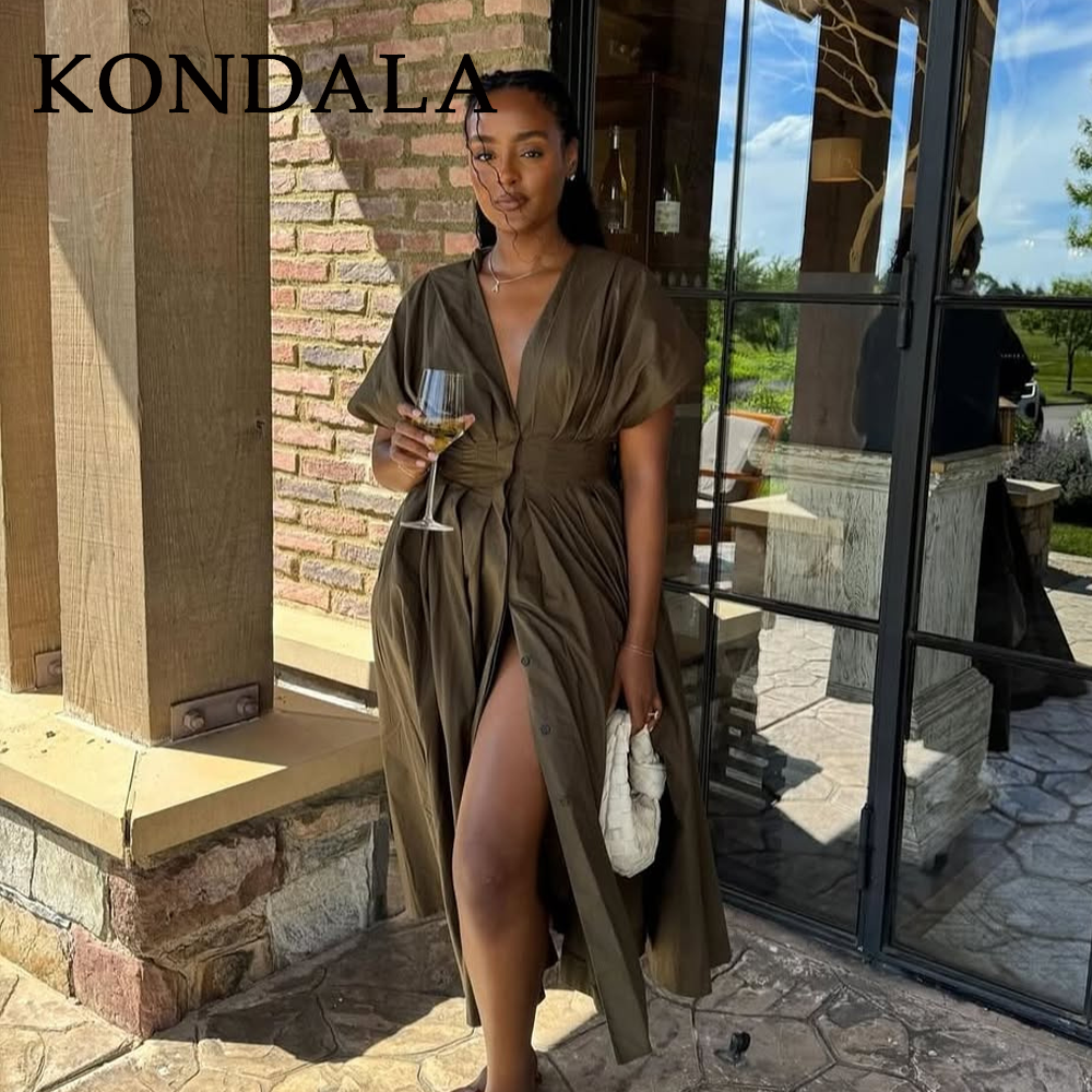 Robe Vintage Femme KONDALA Printemps-Été 2026 – Chic, Marron, Col V, Sans Manches, Drapée, Boutonnage Simple avec Ceinture