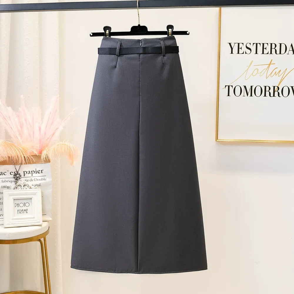Costume noir pour femmes, jupe longue plissée avec ceinture, tempérament coréen gris, mode fine, jupe trapèze, Streetwear, été automne