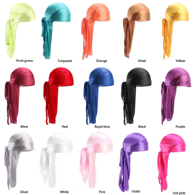 Foulard en soie à longue queue, Turban musulman, Doo Rag, chapeau de Pirate, casquettes de chimio Durag, chapeau de crâne, couvre-chef, 18 couleurs au choix