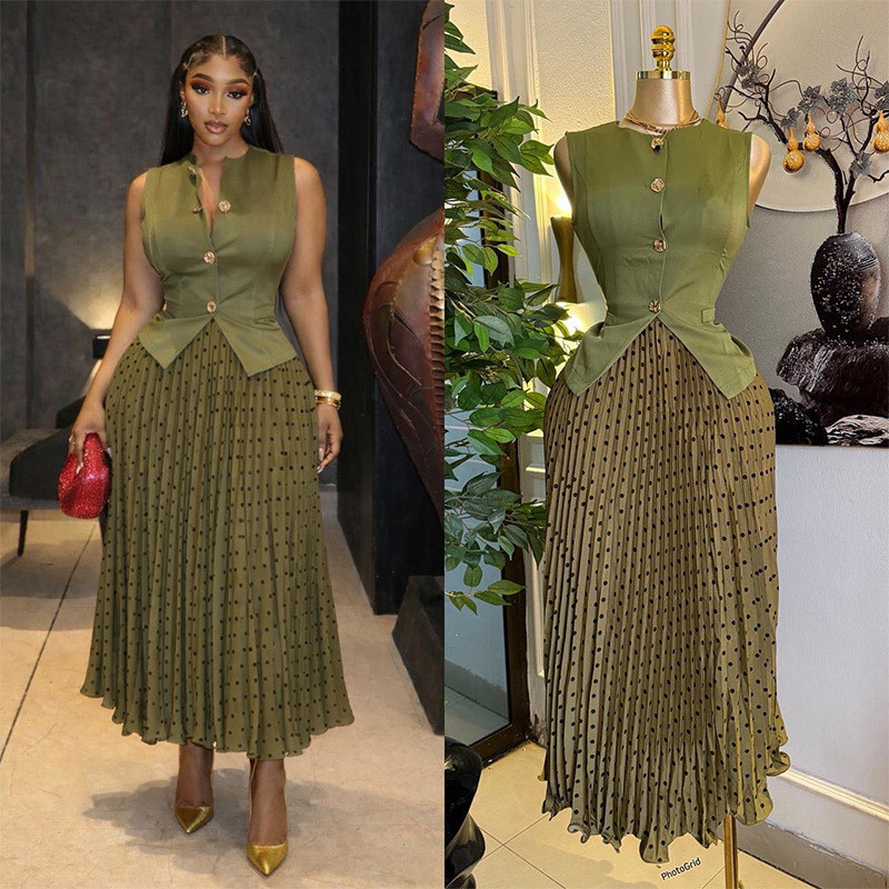 Ensemble de robe élégante pour femmes, style africain, col rond, sans manches, haut à boutons, jupe plissée à pois taille haute, tenue de soirée