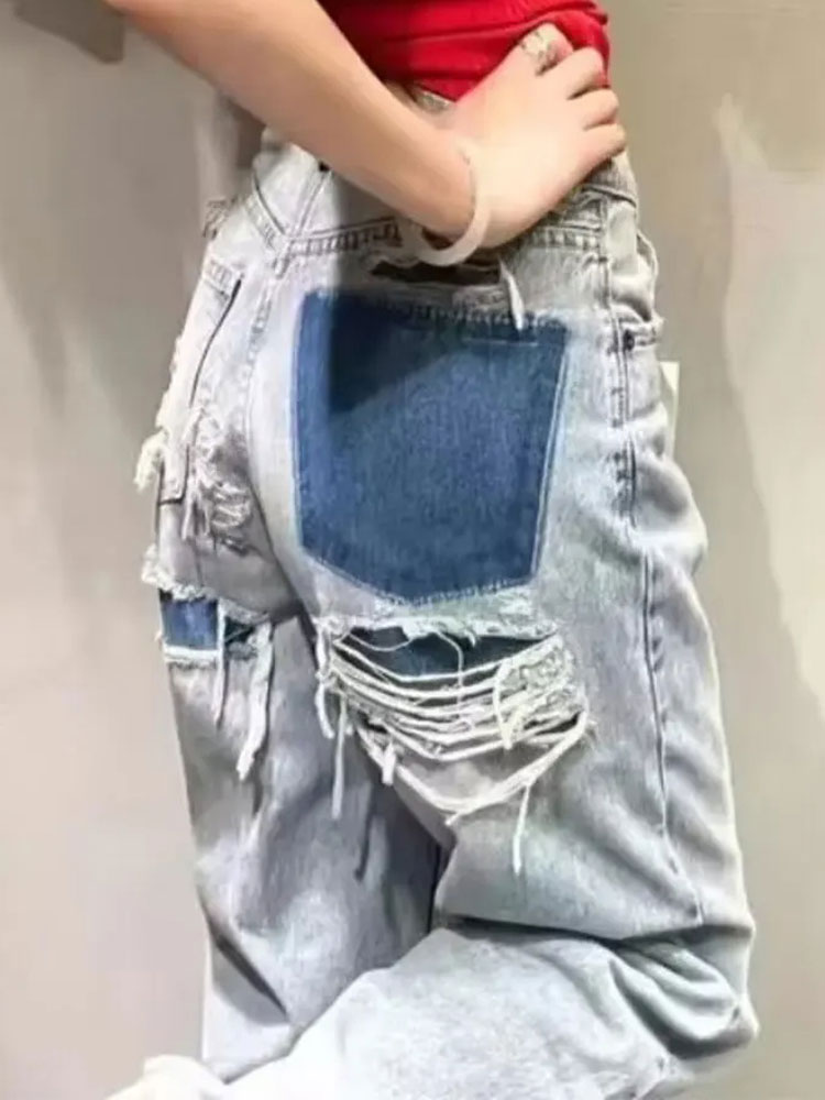 Jean pour femmes 2024 Denim solide ample fermeture éclair mouche femme trou pantalon poches sauvage basique trajet femme jambe large pantalon Long