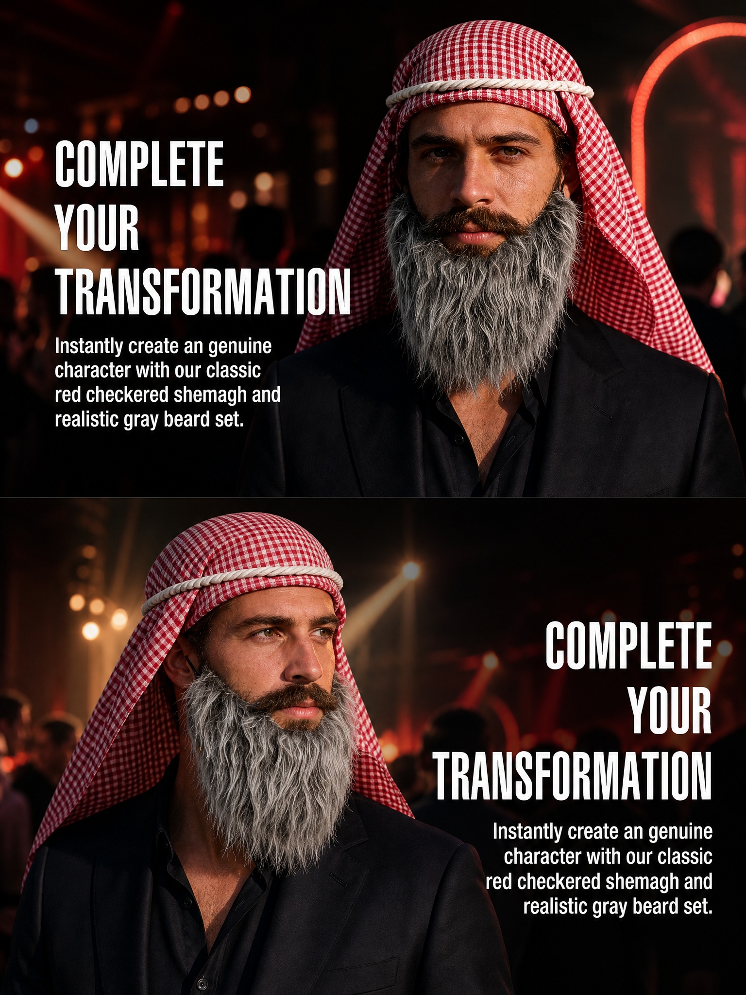 Ensemble de costume arabe pour homme, foulard Keffiyeh à carreaux rouge et blanc + fausse barbe grise, kit d'accessoires de cosplay pour Halloween, fête, carnaval