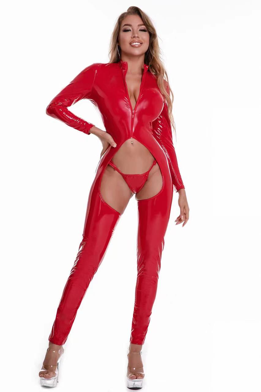Body Sexy en cuir brillant pour femme, justaucorps complet, Bandage à entrejambe ouvert, justaucorps ajouré, hanches, Lingerie érotique, vêtements intimes