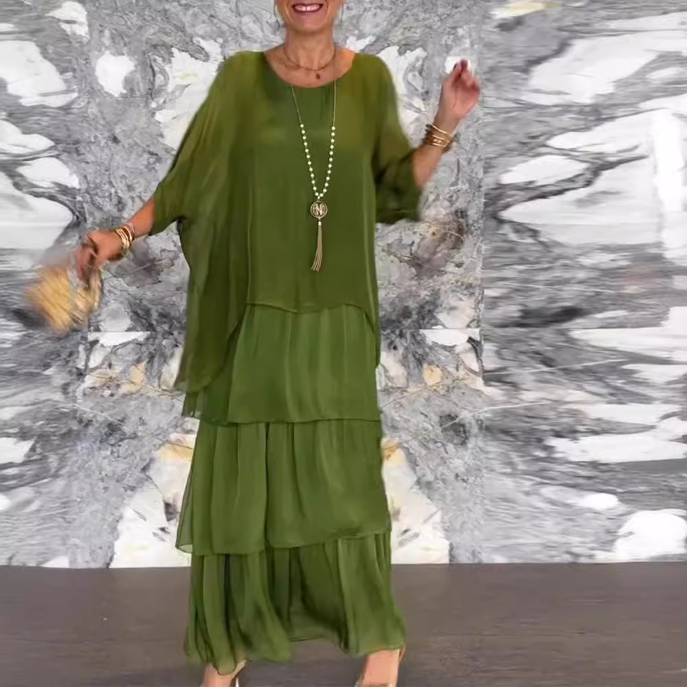 Robe longue élégante en mousseline à imprimé floral pour femme, style bohème, col rond, manches chauve-souris mi-longues, jupe superposée, collection printemps