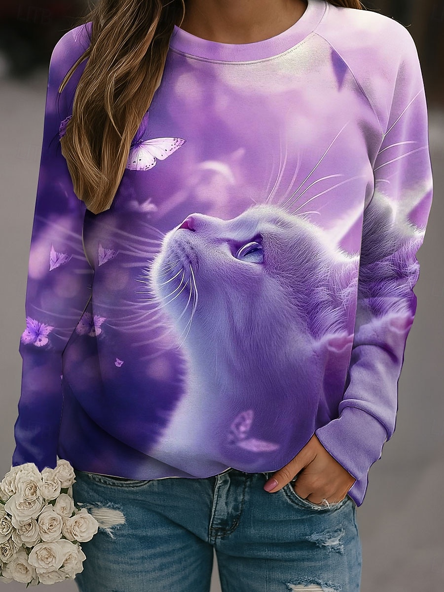 Sweat-shirt à manches longues et col rond pour femme, vêtement d'automne avec image de chat mignon, imprimé Animal en 3D, Y2k, Harajuku
