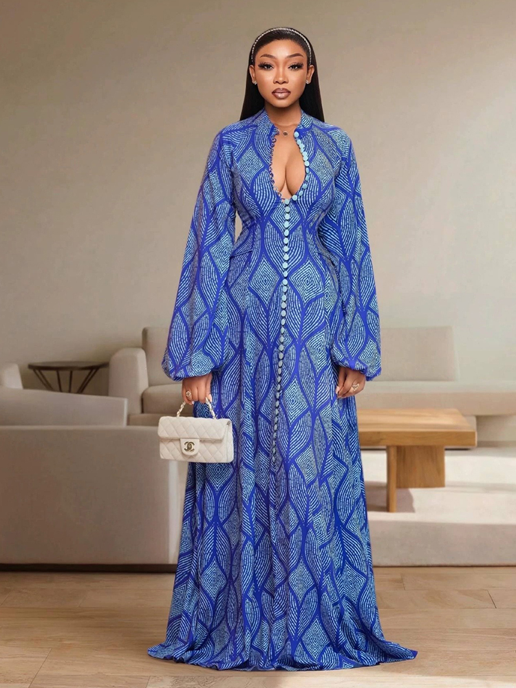 Robe longue élégante pour femme à manches longues, style ethnique africain, avec boutons décoratifs, longueur ras du sol, pour soirée, vente en gros