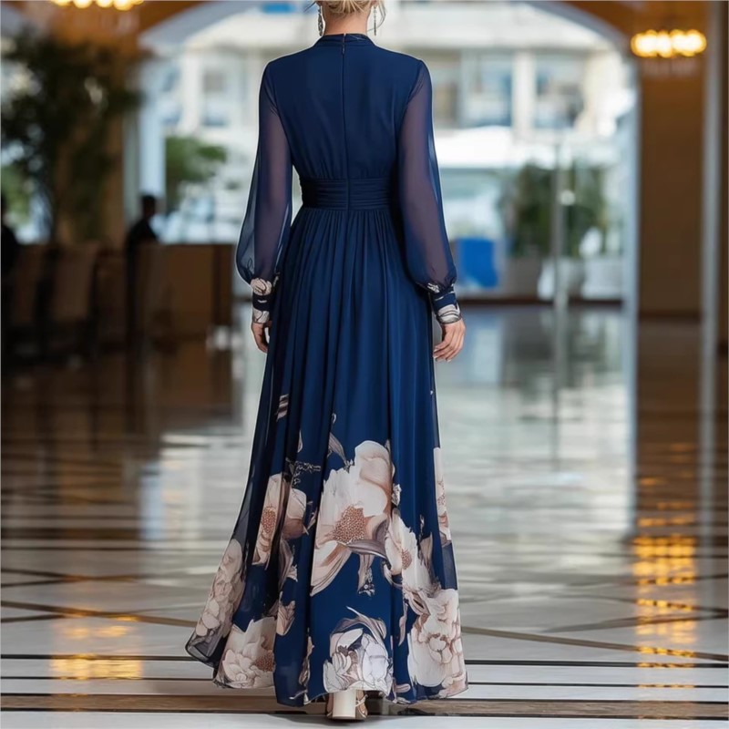 Robe longue élégante en mousseline 2026 à imprimé floral, col en V, manches lanternes, taille haute, coupe évasée pour femme, idéale pour les vacances