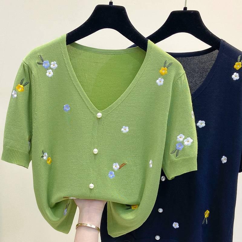 T-shirt femmes 2025 été col en v coton pull femmes broderie décontracté hauts fleur femmes vêtements t-shirts mince tricot pull