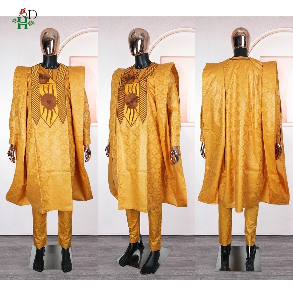 Robes africaines assorties jaunes pour couple, tenue traditionnelle Bazin Riche brodée pour homme, robe turque pour femme, robe de soirée de mariage