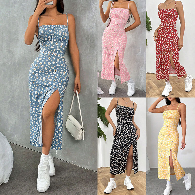 Robe décontractée pour femme, imprimé floral marguerite, bretelles spaghetti, robe midi moulante à col carré, fendue, robe d'été pour plage et soirée
