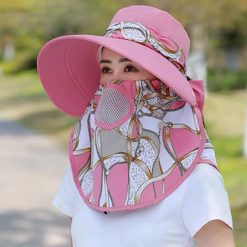 Chapeau d'ombrage de travail de jardin à large bord pour femmes, poignées de masque facial, chapeau de soleil amovible, imprimé extérieur, chapeau de poisson respirant, protection UV, été