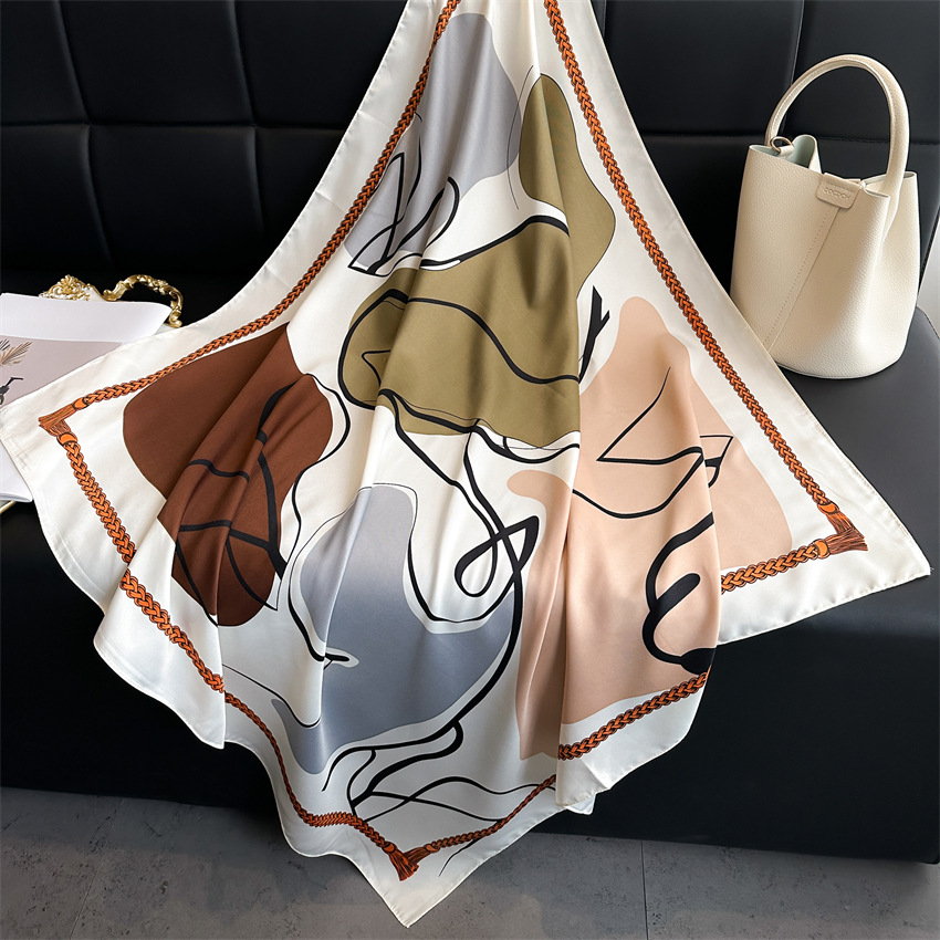 Nouveau Foulard en Soie Imprimé Color Block 2026, 90CM, Foulard en Twill Polyvalent, Grand Foulard Carré, Châle Pare-Soleil, Foulard de Tête, Cadeau de Collection
