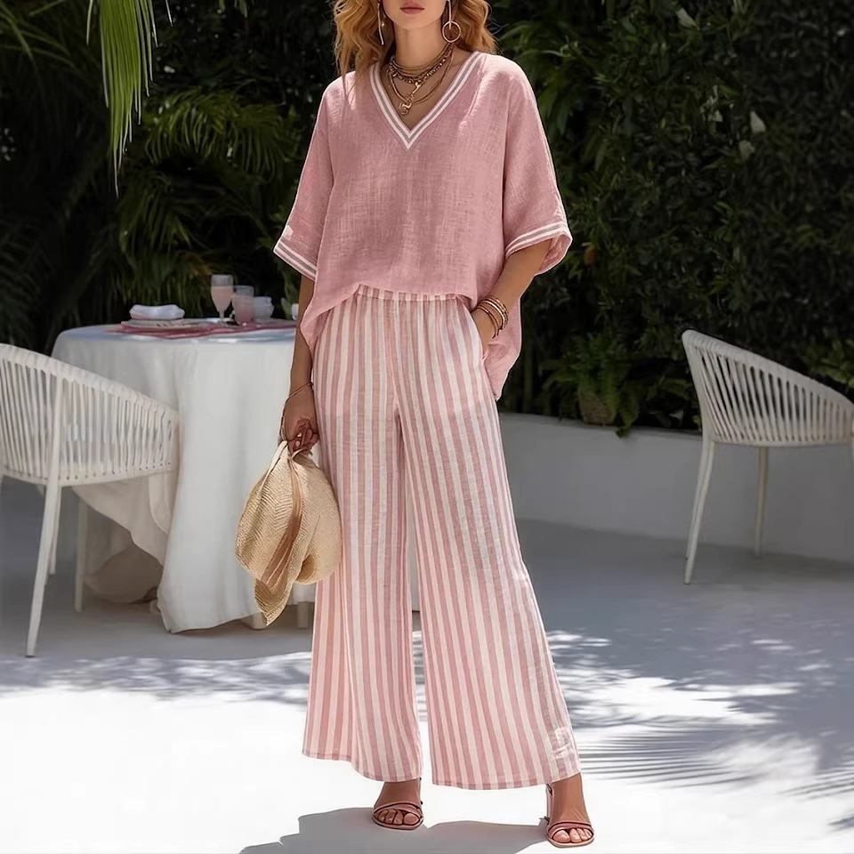 Ensemble décontracté d'été pour femme : Haut rayé à col en V et pantalon large taille haute