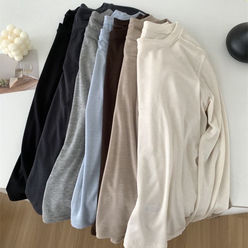 T-shirt à manches longues pour femmes, épissure de laine de soie, haut fin, doux, cireux, couleur unie, printemps été