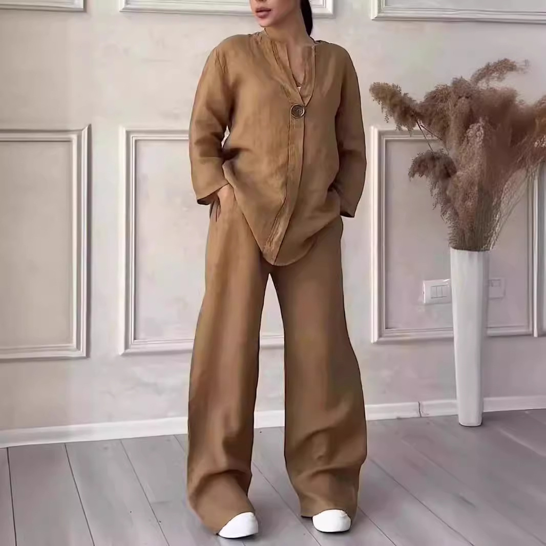 Ensembles musulmans femmes 2 pièces costume chemise pantalon à jambes larges tenues 2025 Ensemble bouton à lacets taille élastique Blouse pantalon droit